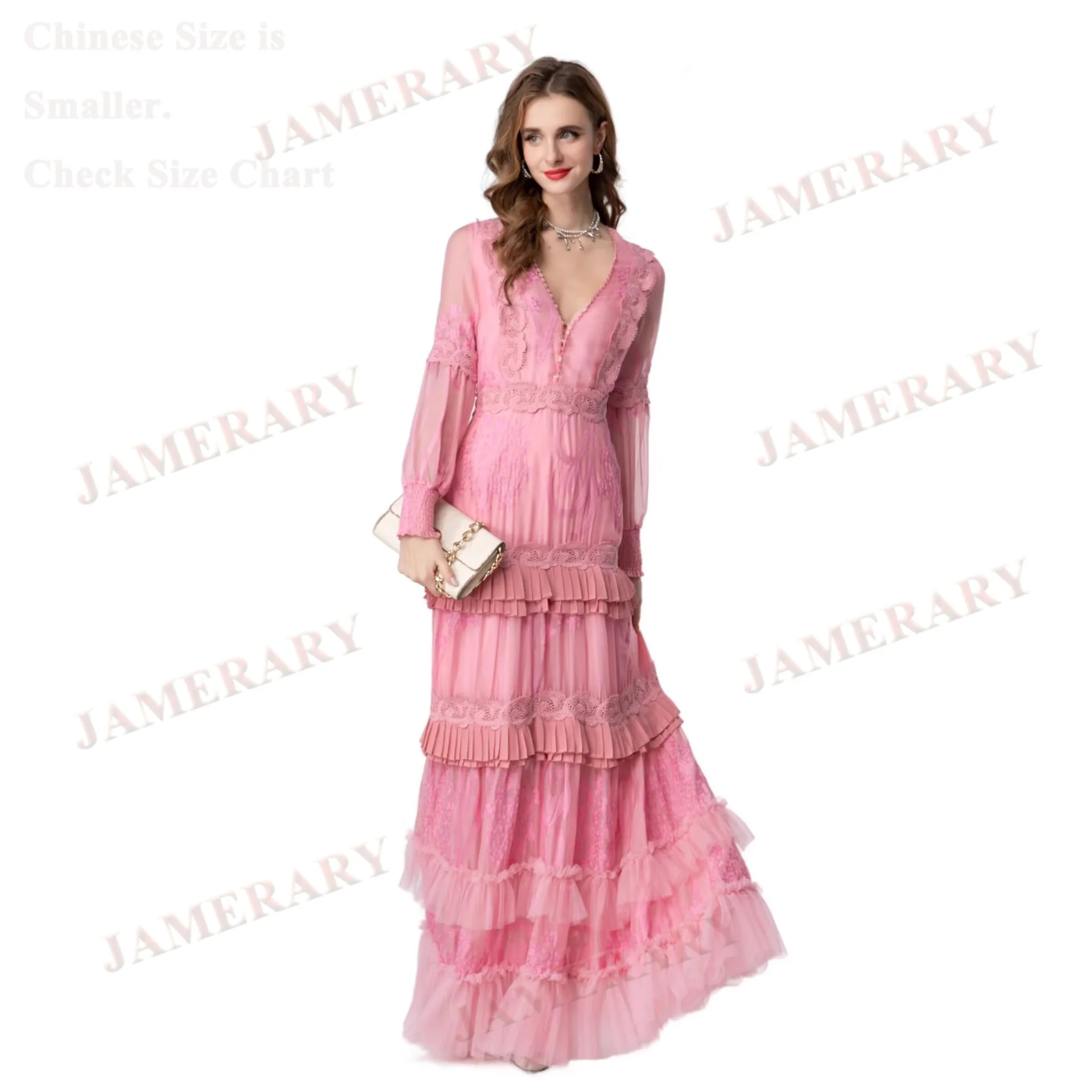 ชุดเดรสยาวปักลายสีชมพูสำหรับฤดูร้อนและฤดูใบไม้ร่วง แขนระบายทรงหางปลา ชุดเดรสทรงเค้กสำหรับผู้หญิง งานปาร์ตี้ งานพรอม งานราตรี