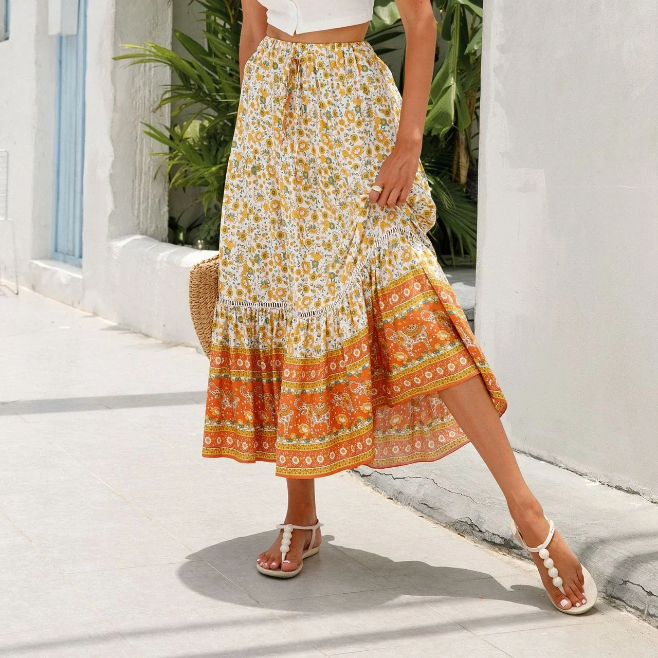 Casual Fashion Floral Skirt High Waist Loose Print Stitching Long Skirts for Women Bohemian Commuting Beach Style Holiday Skirt