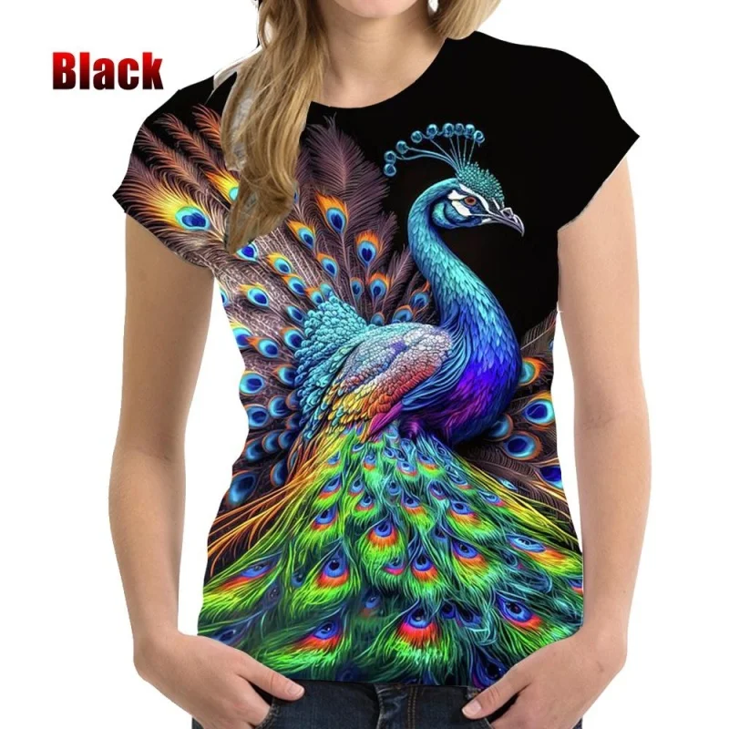 

Fashion Women Summer O-neck Peacock Printed Short Sleeve Casual Loose T Shirt for Women