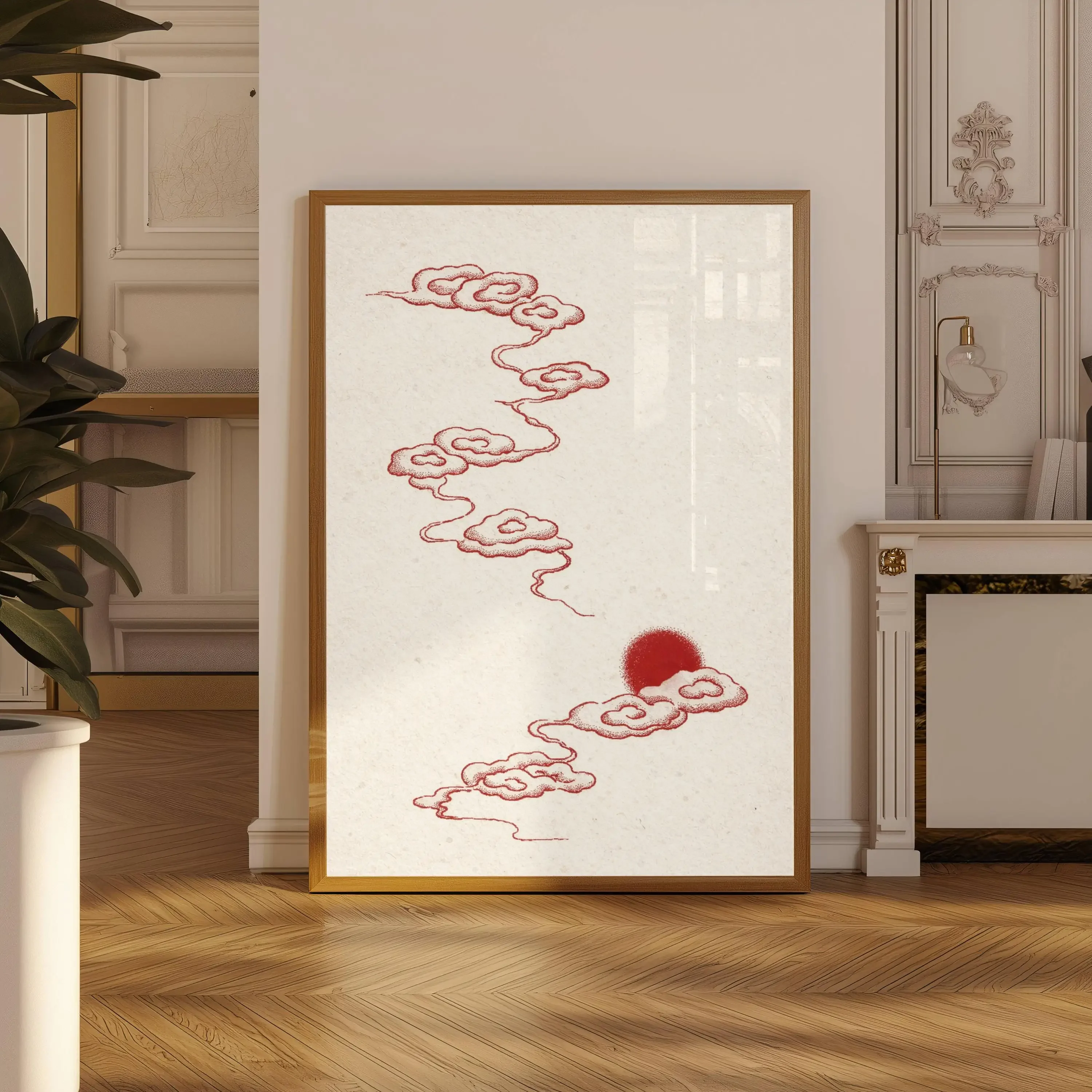 Frameless canvas paintings,Japanese Ink Tree Poster Wabi Sabi Bonsai Wall Art Print with Red Sun, Minimalist Zen Decor for Offic
