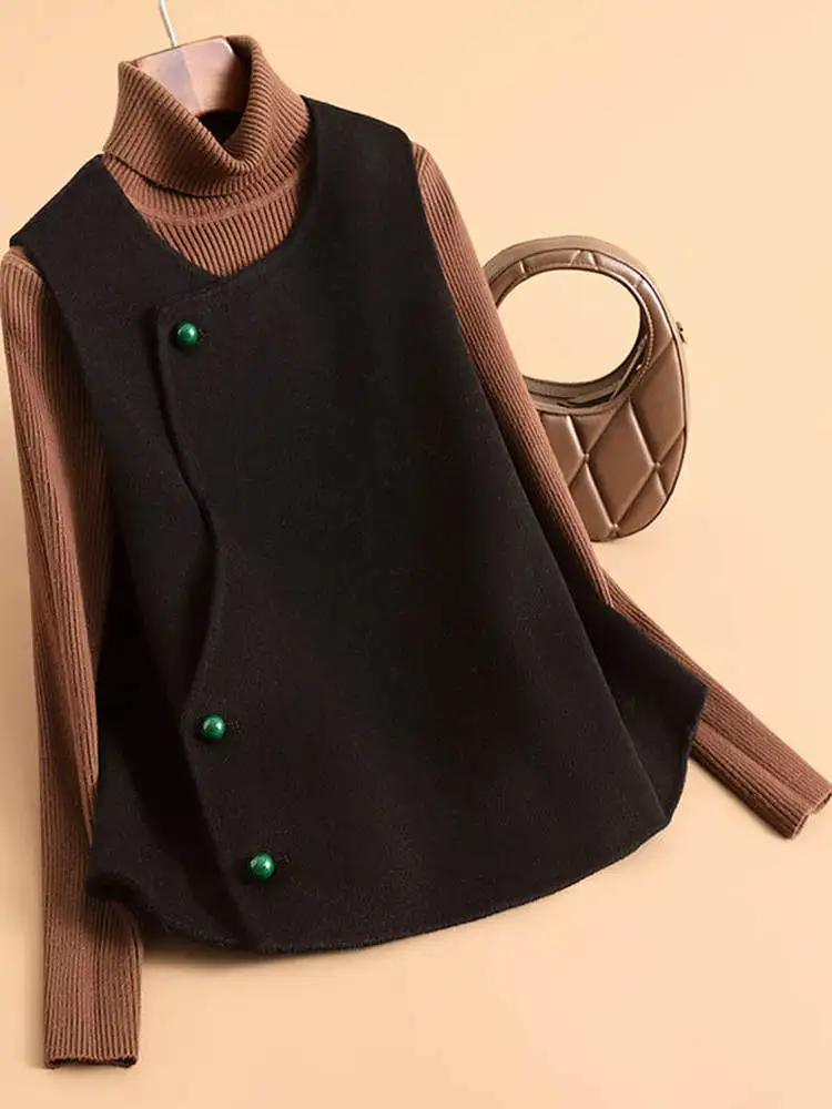 빨간색 울 조끼 코트 여성용 신상 중국 스타일 친다오 니트 아우터웨어 출퇴근용 라운드 넥 오버 롱