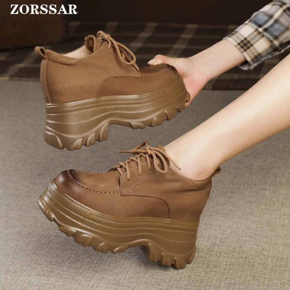 12cm Genuine Leather Vulcanize Summer High Brand Comfy Spring Autumn Platform Vulcanize Women Chunky Sneaker Loafer Shoes