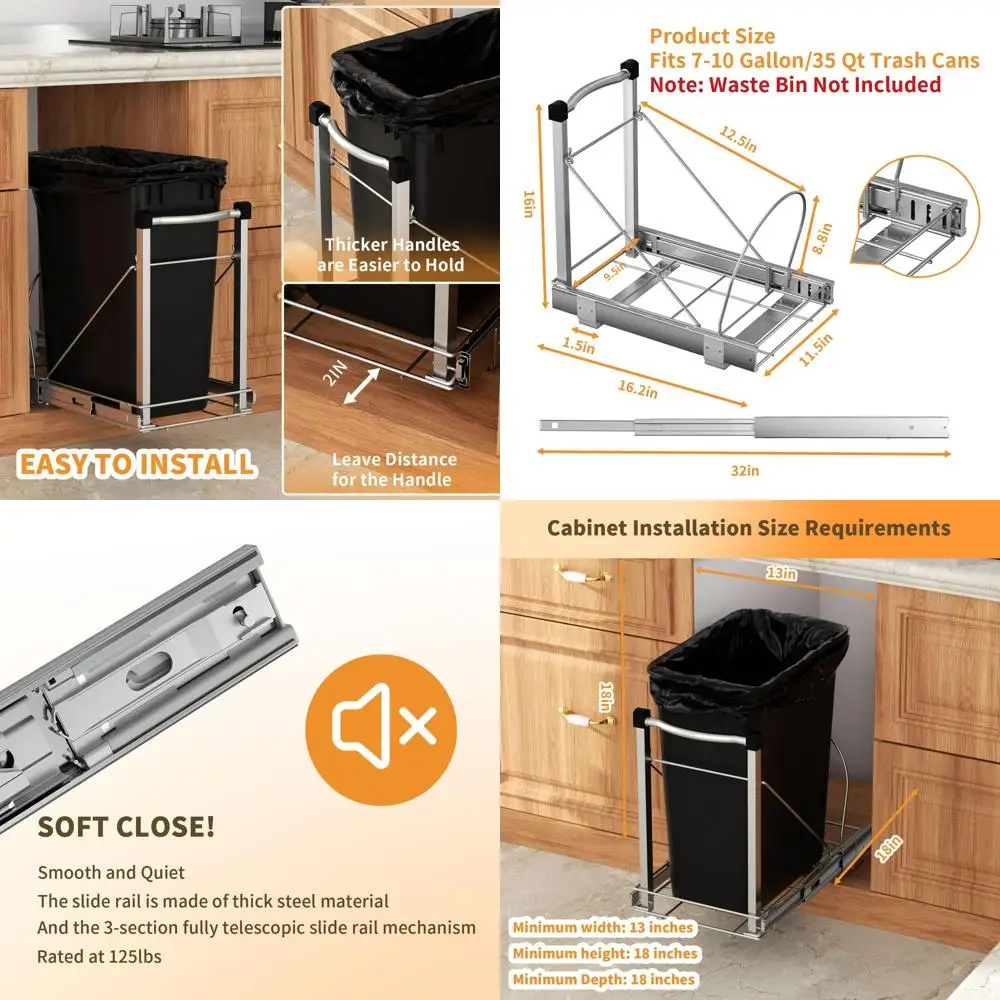 

Heavy-Duty Silver Pull-Out Trash Organizer, Adjustable, Fits 7-13 Gallon Cans, Up to 125 lbs