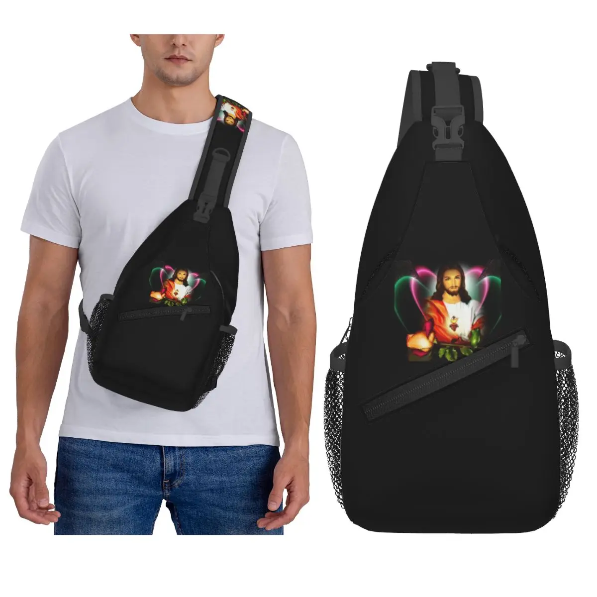 Sacred Heart Of Jesus Christian Catholic God Chest Bag Men Sling Crossbody Backpack Chest Bag Travel Hiking Daypack Shoulder Bag