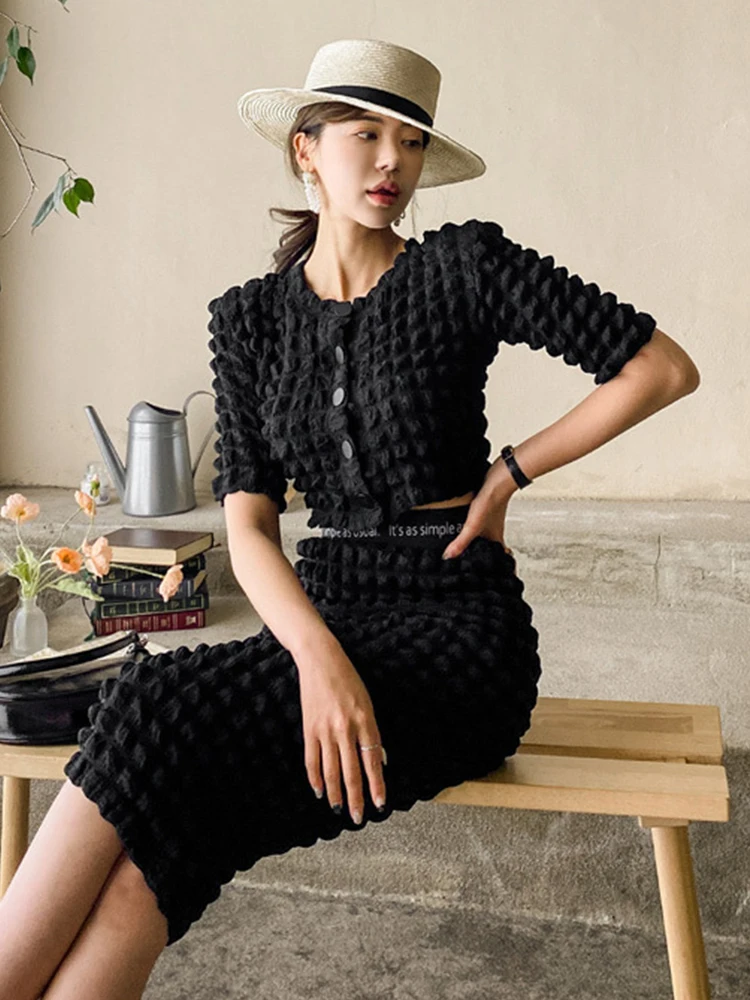 Korean 2 Piece Outfits Elegant Women Lady Casual Single Breasted Short Tops Shirt Blouse High Waist Midi Skirt Slim Cropped Sets