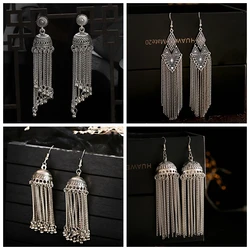 Ethnic Silver Color Long Metal Chain Tassel Earrings Female Retro Round Bell Dangle Earrings Boho Geometric Piercing Ear Jewelry