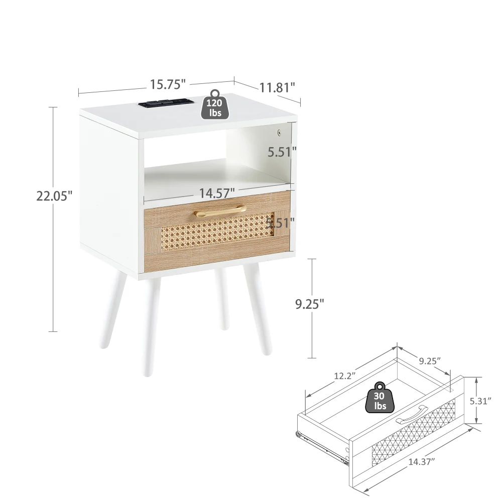 15.75" White Rattan End Table with Power Outlet & USB Ports, Modern Nightstand with Drawer and Solid Wood Legs, Rectangle Side Table for Living Room Bedroom Office, Easy Assembly, Smooth Slide Storage Drawer view 4