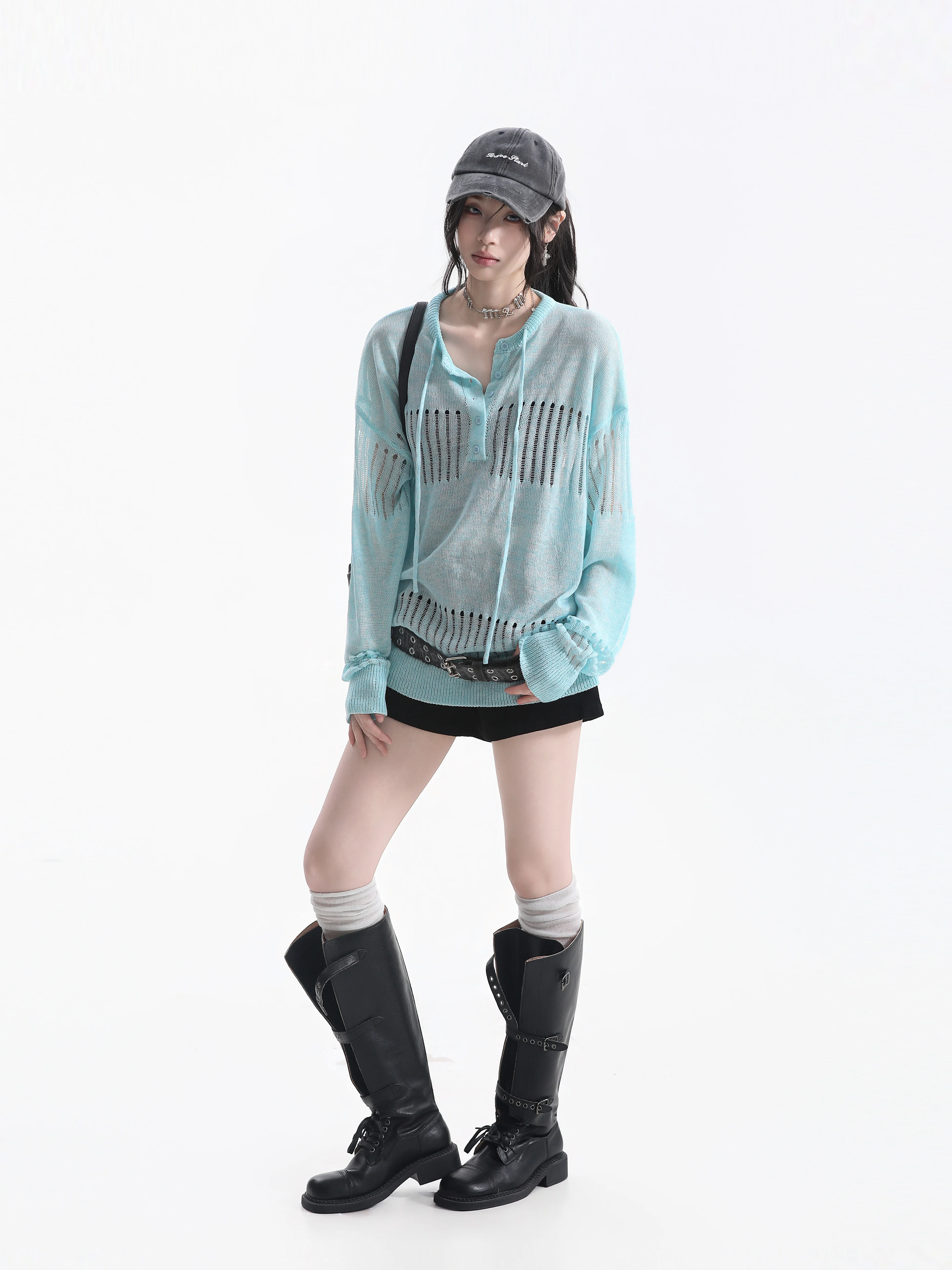 Lightweight Long Sleeve Knitted T-Shirt Belt Design Casual Style Summer Anti-Aging Hollow out Lazy Fashion Breathable Women's...