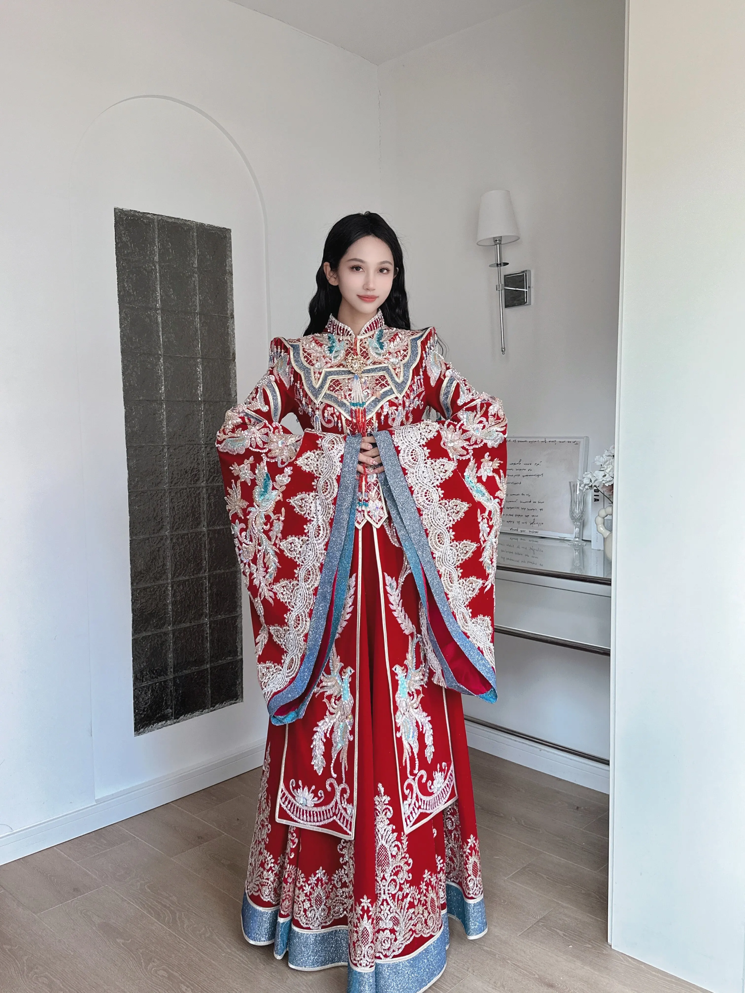 Vintage Xiuhe Qipao Cheongsam East Asia Traditional Bride Red Blue Gown China Classic Wedding Dress Double Phoenix Attire TP115