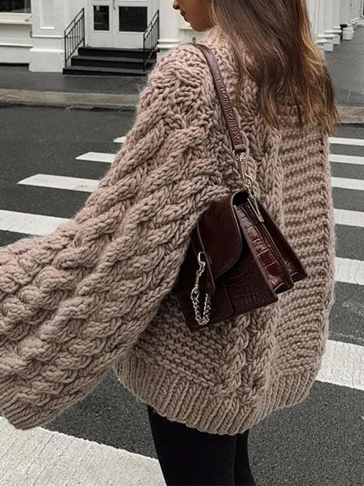 VGH Solid Loose Minimalist Vintage Sweater For Women Round Long Sleeve Knitting Pullover Sweater Female Fashion New Autumn 2024