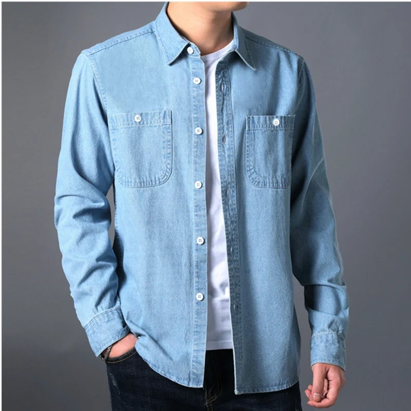 Autumn Washed Cotton Long Sleeve Loose Fit Jeans Shirt Thin Style Workwear Pure Cotton Comfortable Youthful Fashion for Men