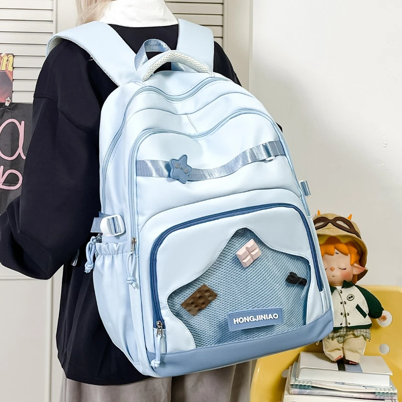 traveasy-ブランド-2026-新ファッションかわいいカジュアルバックパックティーンナイロン大容量透明ジッパーポケット学生スクールバッグ