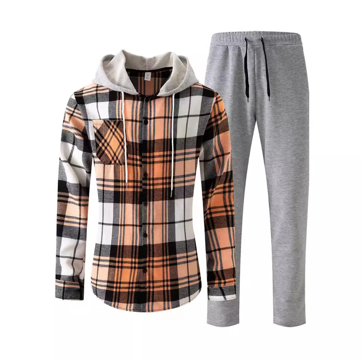 Autumn Men's Shirt Plaid Hooded Design Long Sleeve Trousers Sports Style Casual Fashion High Quality Slim Fit Men's Suit