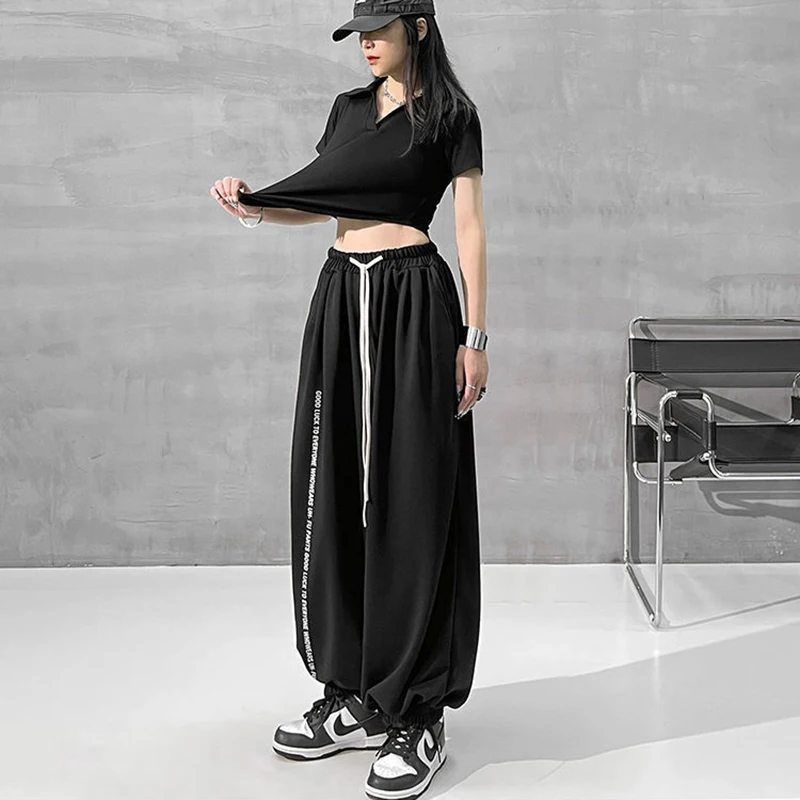 MEXZT Y2K Black Joggers Sweatpants Women Hip Hop Letter Print Wide Leg Pants Streetwear Oversized 2Xl Drawstring Trousers Bf