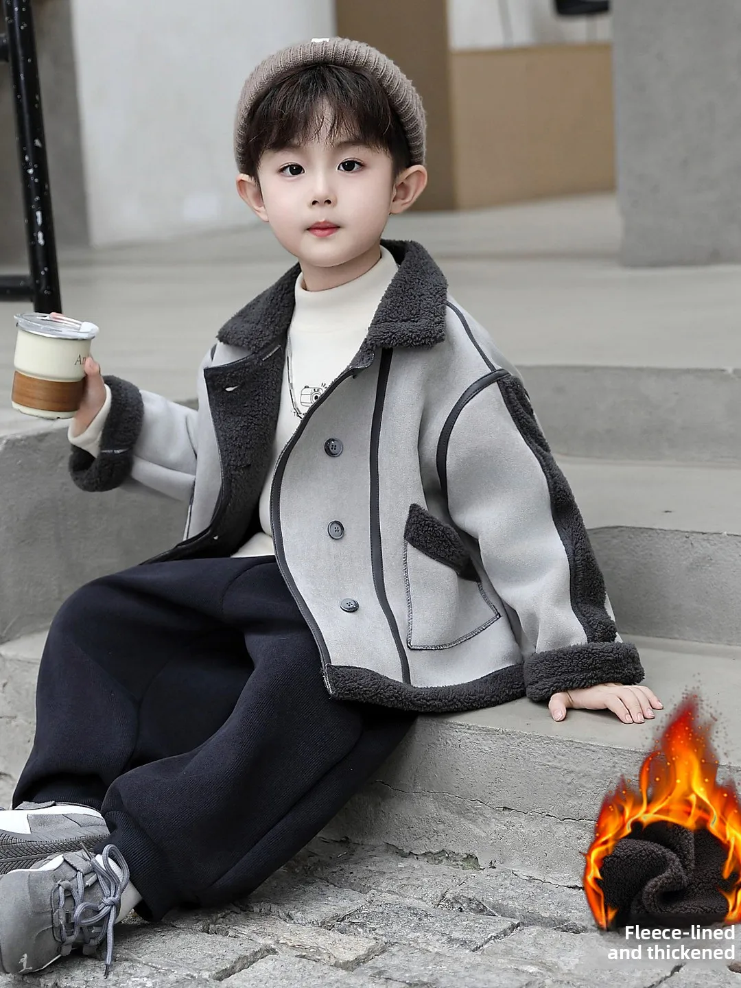 

Thiened кожаный меховой комплект для мальчиков Spor, повседневный крутой комплект из двух предметов для подростков, осенне-зимний длинный комплект све-джата и брюк