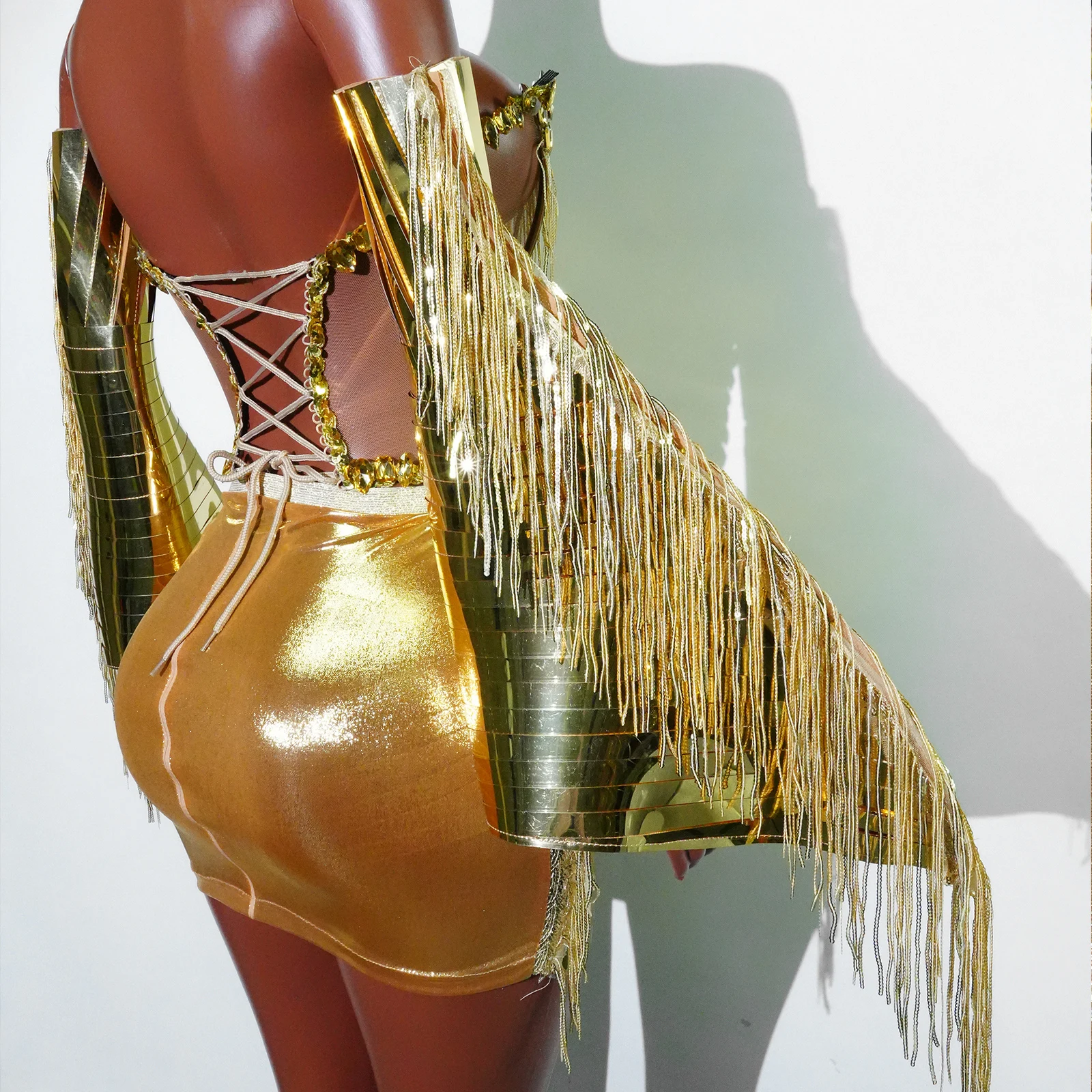 New Sexy Gold Net Set And Rhinestone Transparent Tassel Gloves For Party Dance Singer Stage Birthday And Nightclub Costume