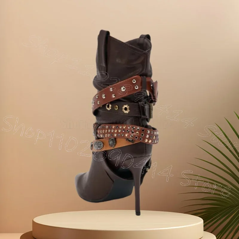 

Brown Belt Fastener Gold Riets Pointed Toe Boots Slip On Women Shoes Thin High Heels Party Feast Dating 2026 Zapatos Para Mujere