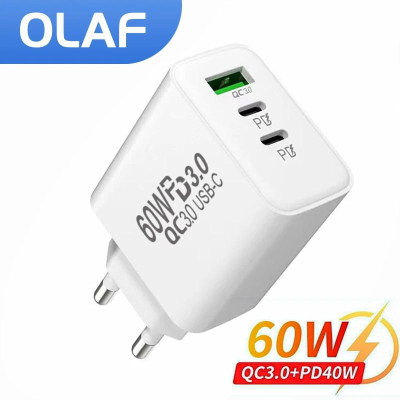 Olaf 60w usb c carregador 3 tipo de porta c pd qc3.0 celular adaptador de carregador de parede para xiaomi samsung s9 iphone 13 rápido usb carregador