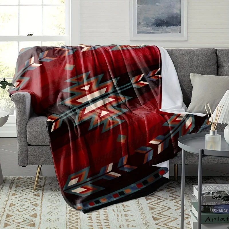 Bohemian-Inspired Red Geometric Flannel Throw Blanket - Reversible All-Season Soft & Durable, Vibrant Southwestern Pattern for C