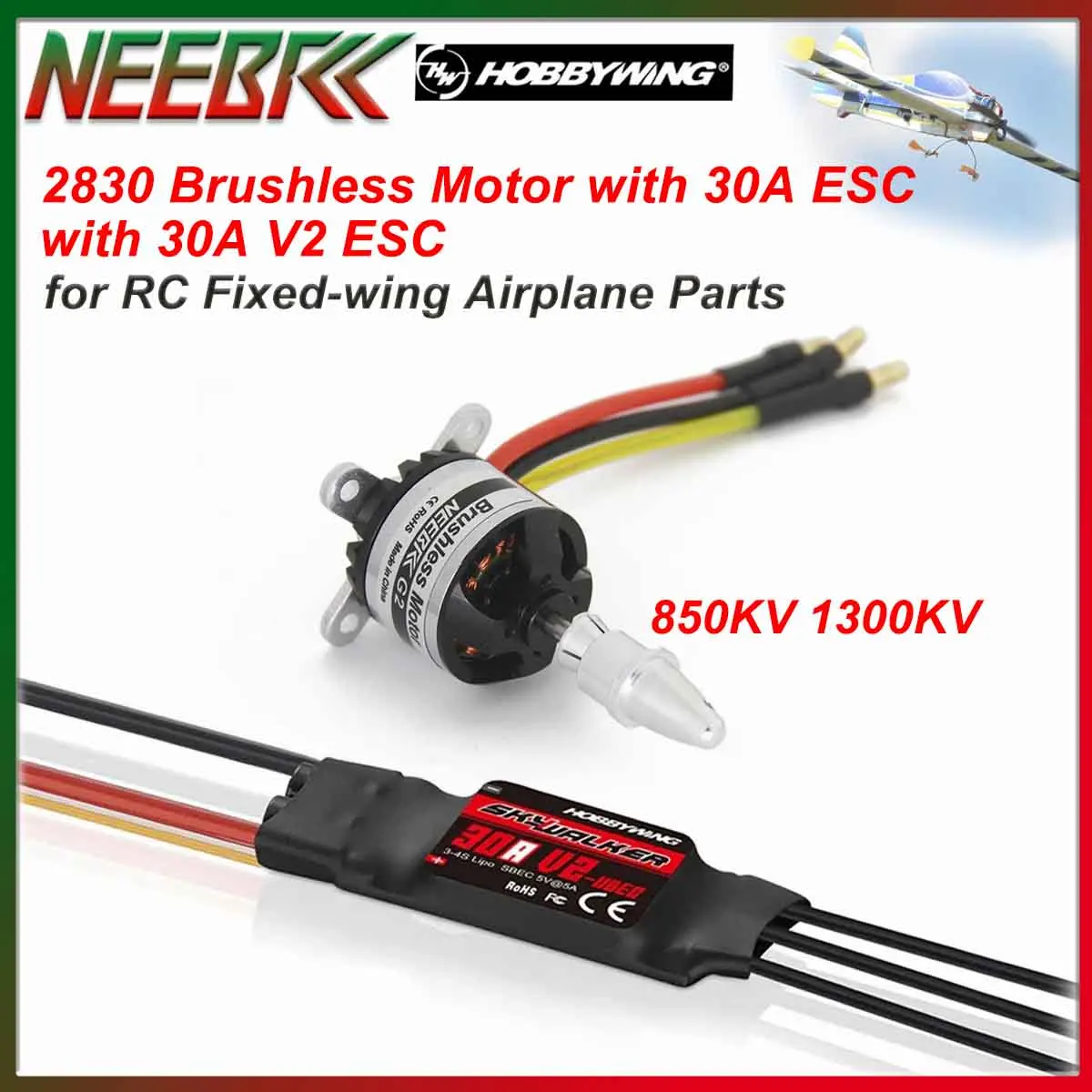 

NEEBRC 2830 850KV 1300KV Бесщеточный двигатель с регулятором скорости 30A ESC V2 для RC FPV Дрон Самолет с неподвижным крылом Детали мультикоптера