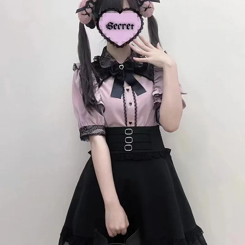 Kawaii النساء القمصان Jirai Kei لوليتا Y2K لطيف النمط الياباني بلوزة أنيقة طويلة الأكمام الحلو القمم قميص الجمالية غير رسمية 2024