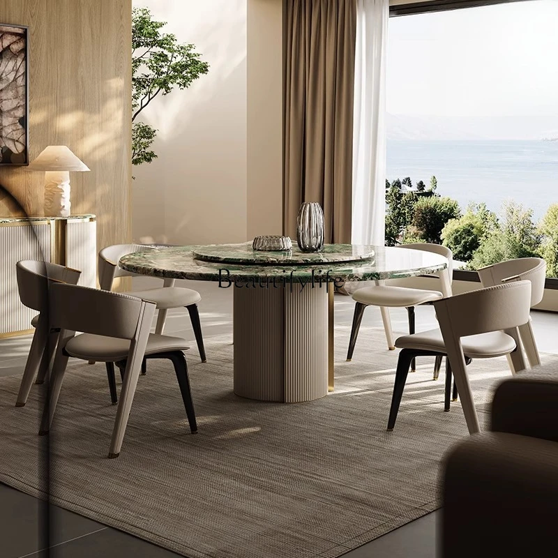 

03 Light luxury dining table and chairs haute couture villa Italian marble square round dining table