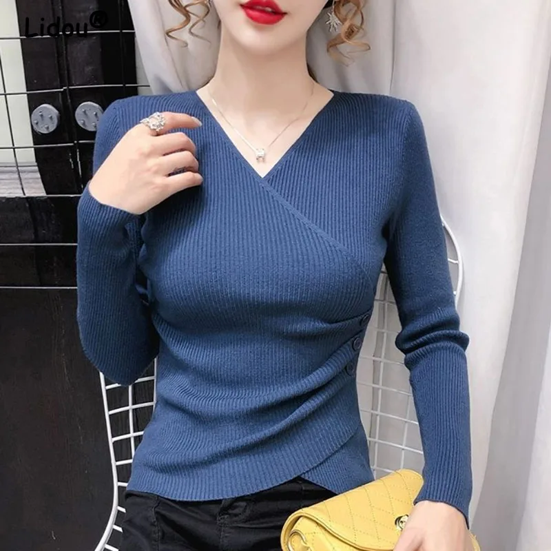 Elegant Fashion Temperament V-neck Knitted Pullovers for Women Sweaters 2022 New Solid Color Bottoming Shirt Buttons Korean Top