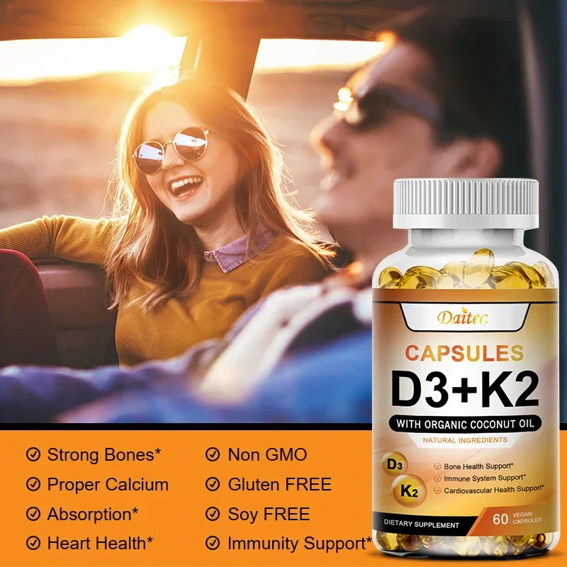 Vitamin D3 5000 IU 125mcg plus Vitamin K2 MK7 200mcg/capsule - Gluten Free, Non-GMO, Promotes Cardiovascular Bone Health, Immune