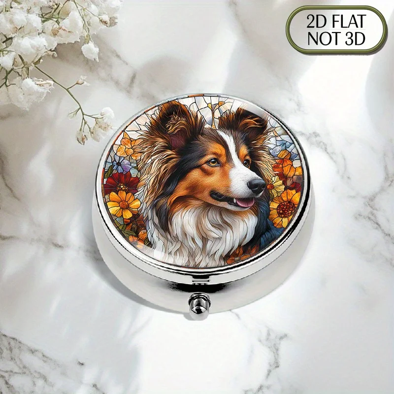A flat, portable, round metal pill box, decorated with a realistic Shih Tzu dog pattern, is perfect for storing daily medication, health supplements, and small items. It is suitable for storing vitamins and also serves as a functional storage solution. It