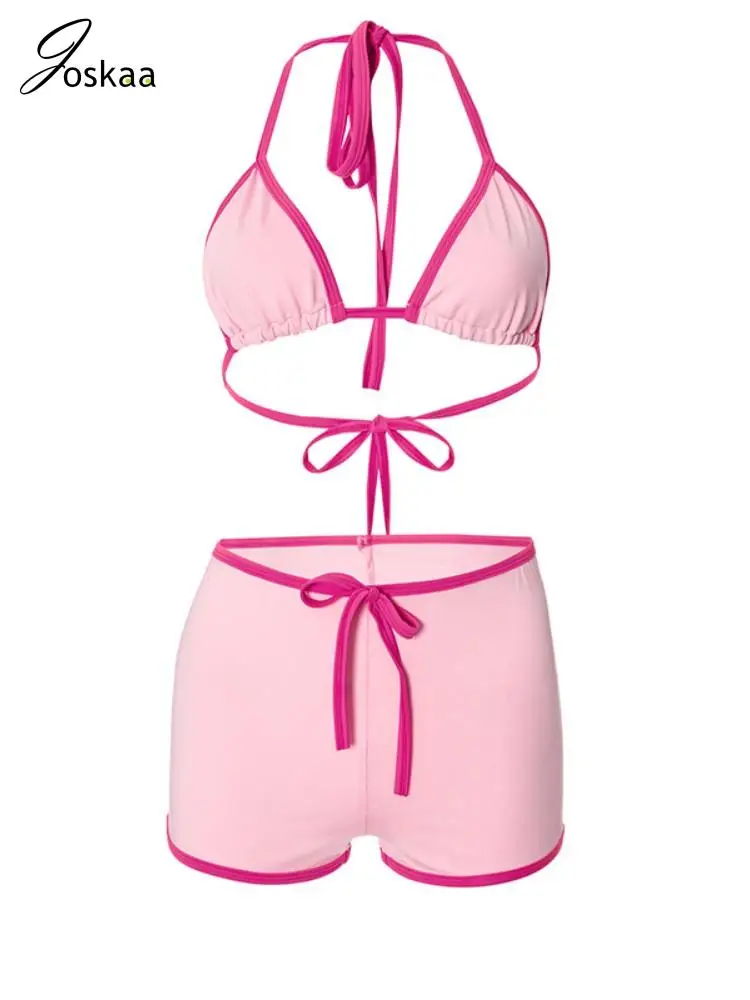 

Joskaa Contrast Color Swimwear Women Lingerie Sexy Halter Bra+Bow Shorts 2 Piece Bikini Sets 2025 Summer Vacation Beachwear