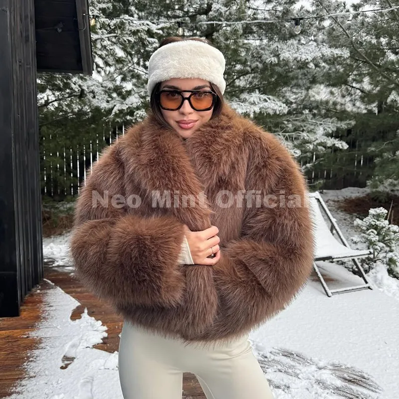 Neo Mint Winter 2025 Trendy Brown Obsession Cropped Shawl Collar Faux Fur Coat Women Jacket Chic Girls Brand Fox Fur Outerwear