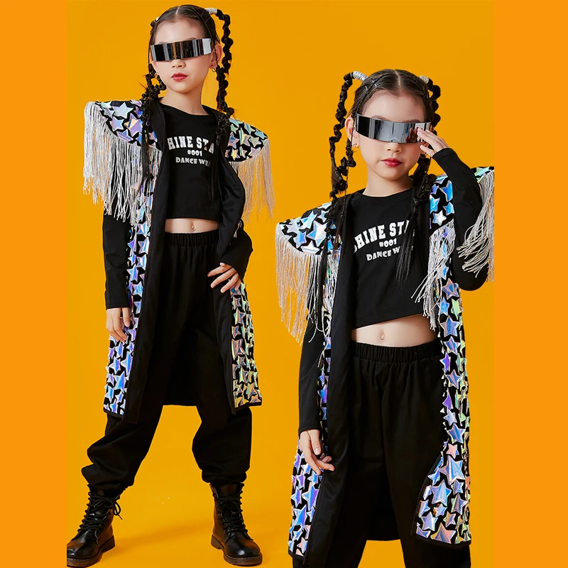 2022 Jazz Dance Costumes For Girls Children Epaulet Tassel Mirror Coat Hiphop Outfits Ballroom Hip Hop Dance Stage Wear DQS11372