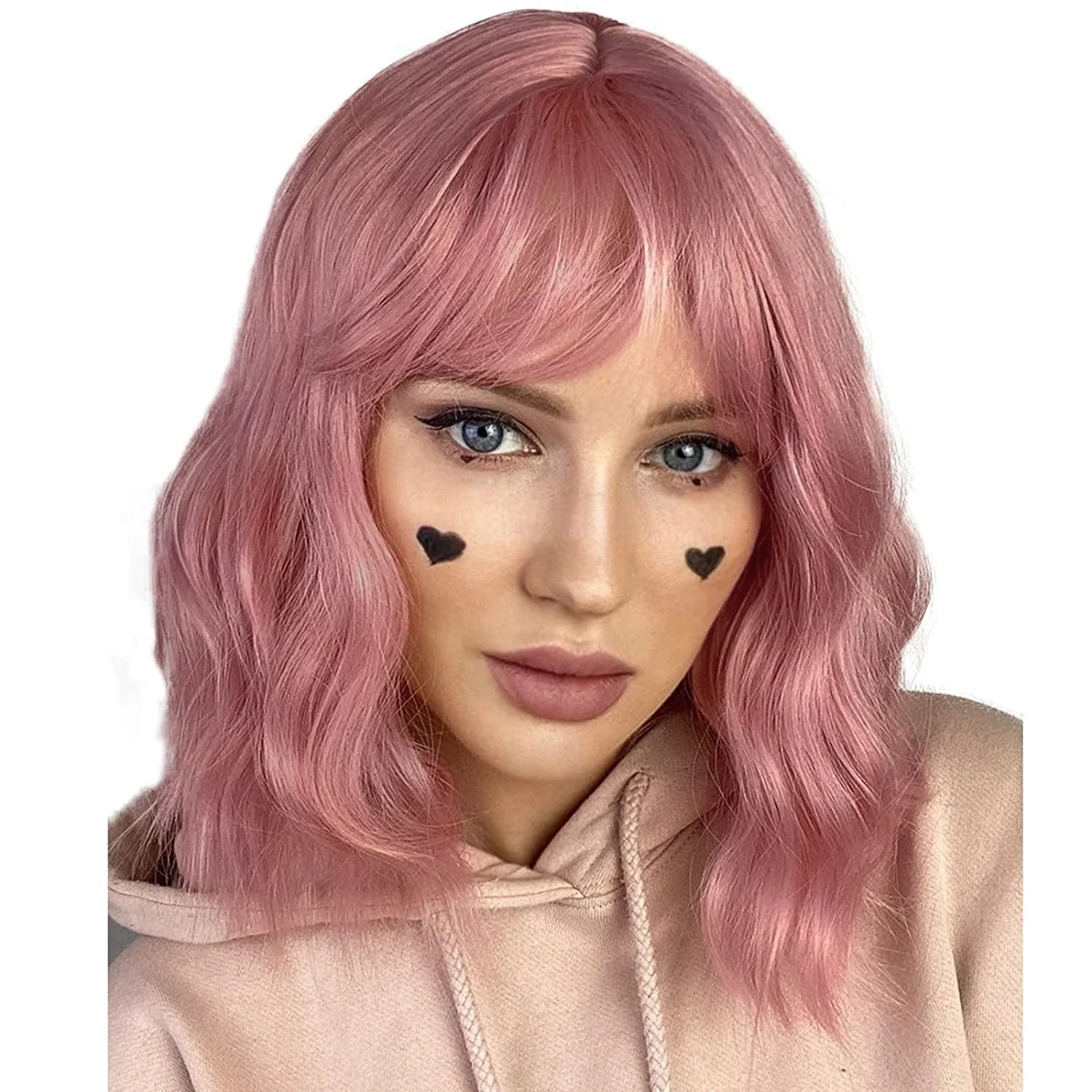 GNIMEGIL Synthetic Pink Wig with Bangs Lolita Wig Cosplay Medium Wigs Curly Wave Bob Wigs for Women Carnival Clear ance S-A-L-E