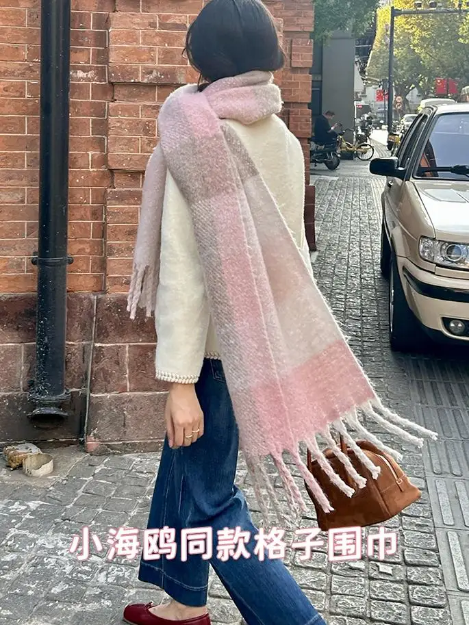 

Япония и Корея Радужный розовый зеленый клетчатый шарф женский зимний мохеровый милый длинный утолщенный теплый платок подростковая пара