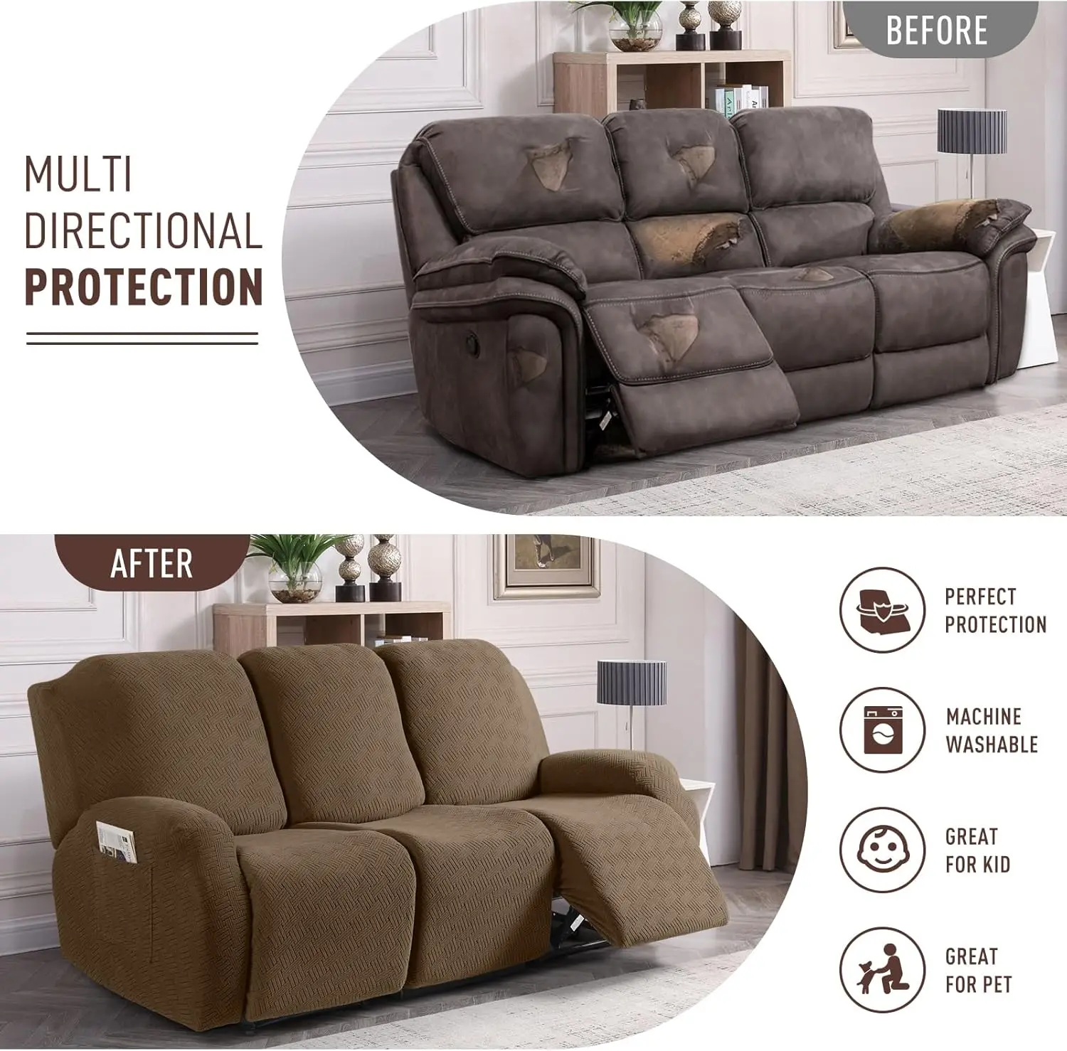 Stretch Recliner Covers, Jacquard Sofa Slipcovers for Pet and Kid Protection, 3-Seater Brown