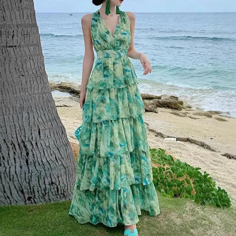 2025 verão novo sexy com decote em v cinta feminina vestido multi camada moda impressa feminino pendurado pescoço vestidos longos