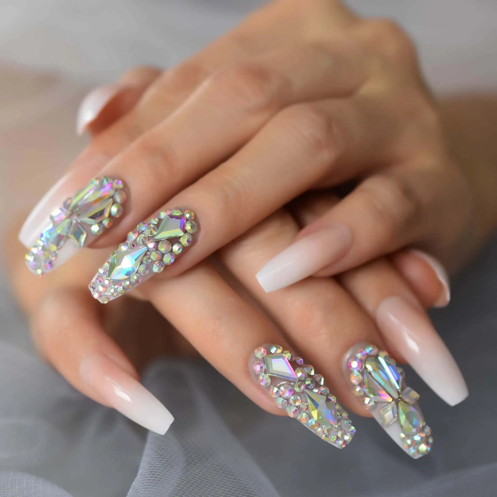 3D 블링 프레스 네일 세트, 긴 발레리나 관 옴브레 인조 온글, 라인석 하이 샤인 젤 네일, 웨딩 휴가 여성용