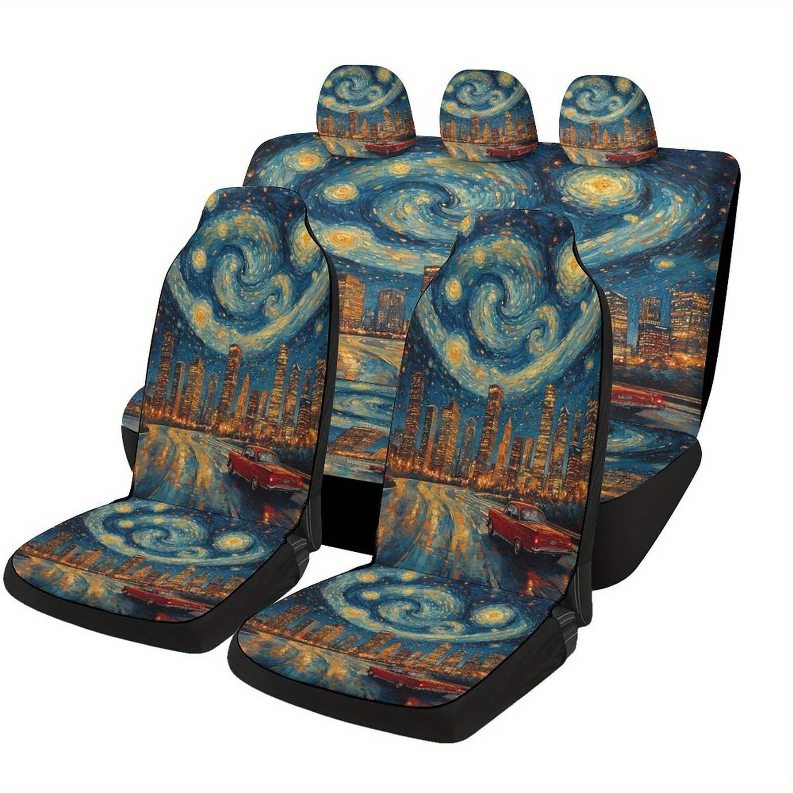 

City Night Drive Designed Car Seat Cover Set For Most Cars, Trendy Novelty High-quality Car Seat Protector Covers Full Set, Univ
