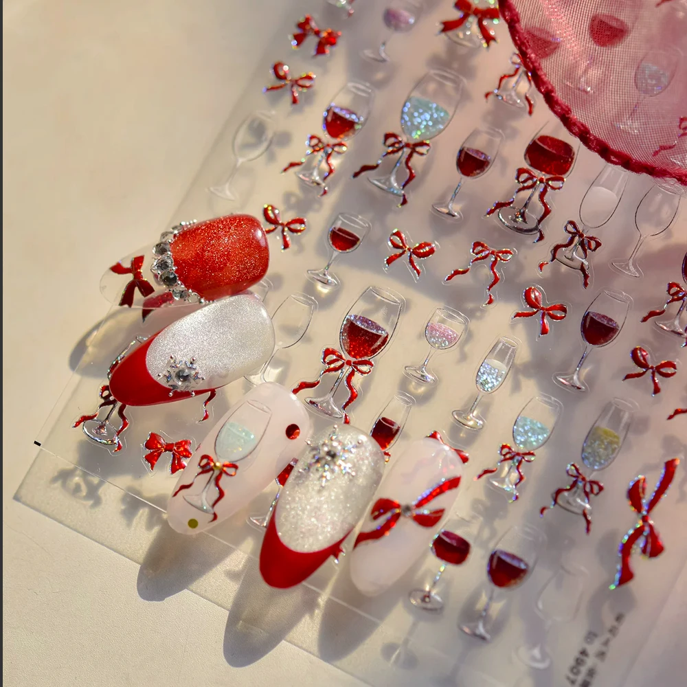 1 pièces 5D paillettes rouge arc verre à vin Nail Art autocollants brillant nœud papillon ruban gobelet ongles décalcomanies bricolage saint valentin Sexy ongles autocollants
