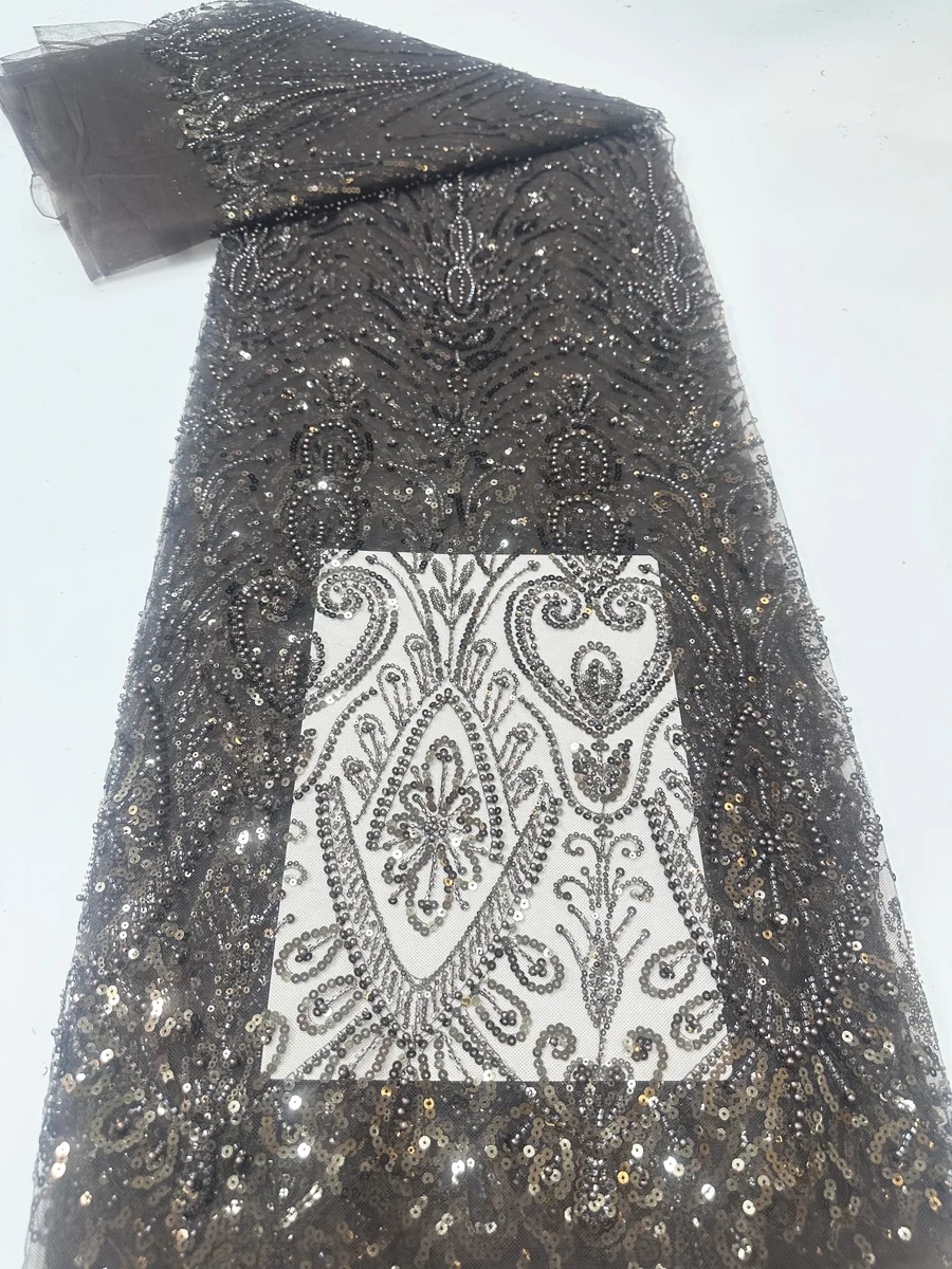 

New Arrival Grey Beaded Sequins African Nigerian Lace Fabric 2025 High Quality Handmade Beads French Lace Party Fabric KYX2514