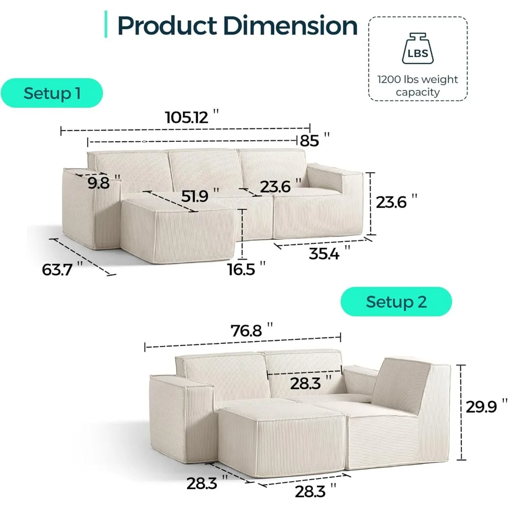 Oversized Deep Modular Sectional Sofa, Cloud Couch L Shaped 3-Seat Sofa with Ottoman, Corduroy Sectional Couches for Living Room