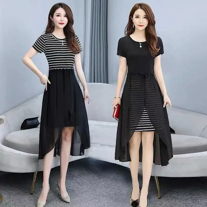 فستان متوسط الطول غير متماثل مخطط للنساء كاجوال فضفاض مناسب مع تصميم بحاشية شفافة ورقبة دائرية