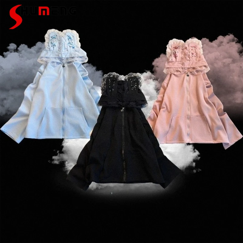 

Rojita Sweet Lace Cartoon Rabbit Ear Loose Hooded Zipper Sweatshirt Kawaii Clothes Loose Casual Long-sleeves Sudadera De Mujer
