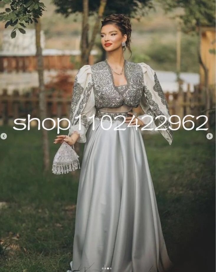 Silver Grey Algeria Caftan de soirée Evening Formal Dresses Luxury Kosovo Long Sleeve Kaftan Prom Gown Outfit Customsized