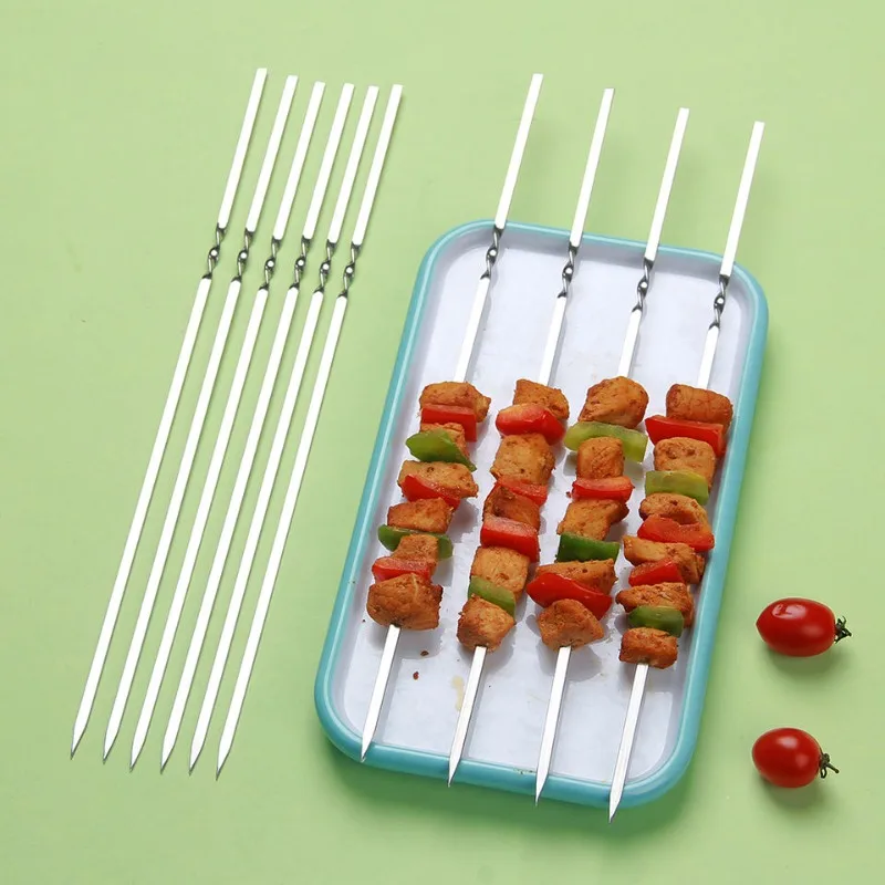 Brochetas para asar, tubo de almacenamiento, brocheta de barbacoa de acero inoxidable, palitos de aguja para barbacoa, tenedores planos de Metal para cocina, utensilios para acampar