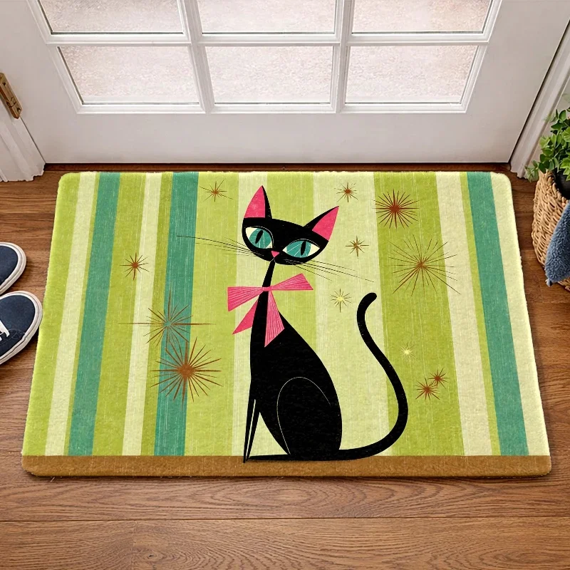 Retro Mid Century Black Cat Doormat Green Stripe Bow Vintage Cartoon Cat Indoor Entrance Rug