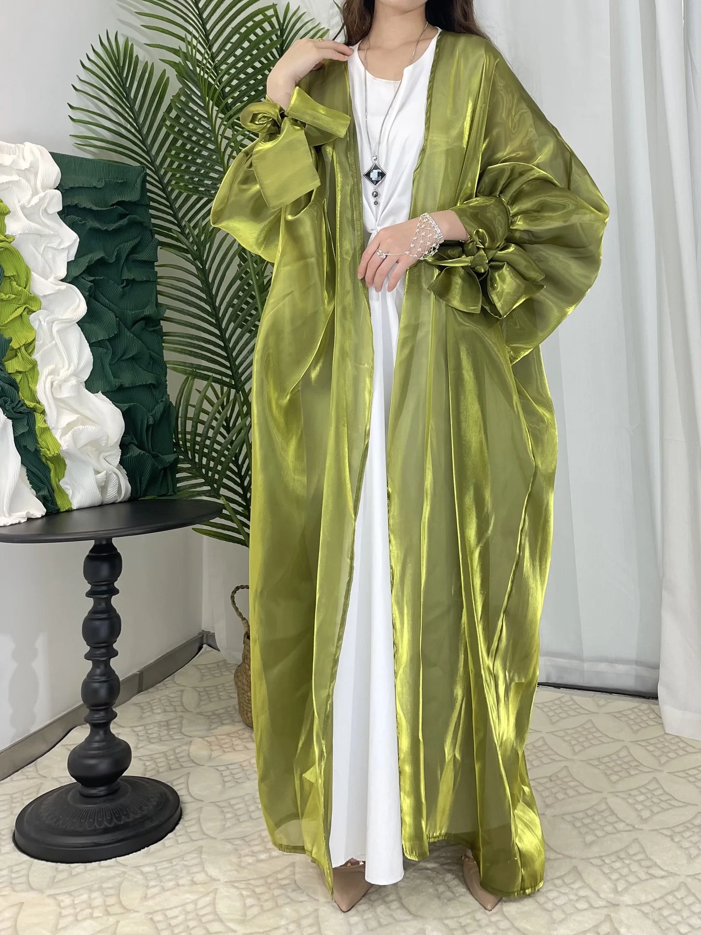 Open Abaya Kimono Organza Puff Sleeves Satin Abayas for Women Dubai Turkey Muslim Dress 2024 New for Ramadan Islam Modest Kaftan