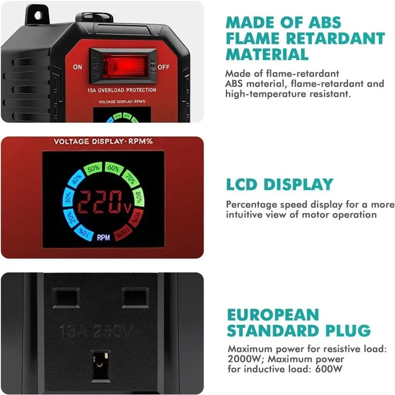 DT17 AC 220-240V 15A 4000W Stepless Fan Speed Controller, Voltage Regulator with LCD Display, UK Plug for Motor
