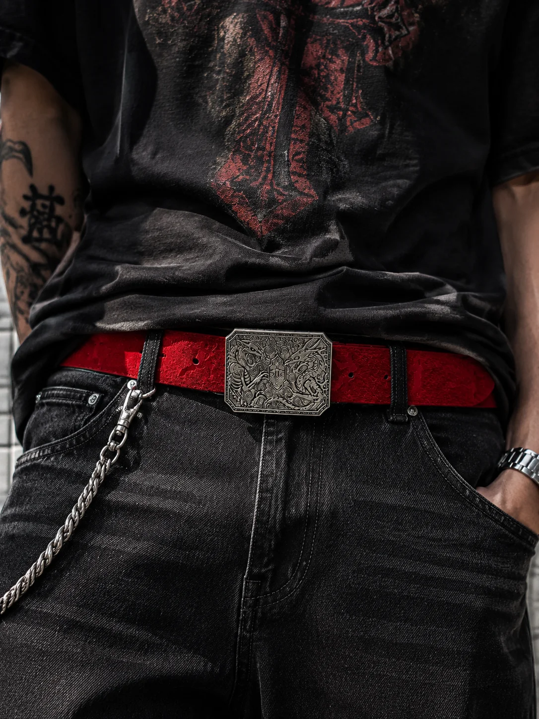 Flocked Martial Arts Embossed Belt, Vintage Square Buckle Belt with Raised Figure Pattern, Streetwear Fashion Waist Belt