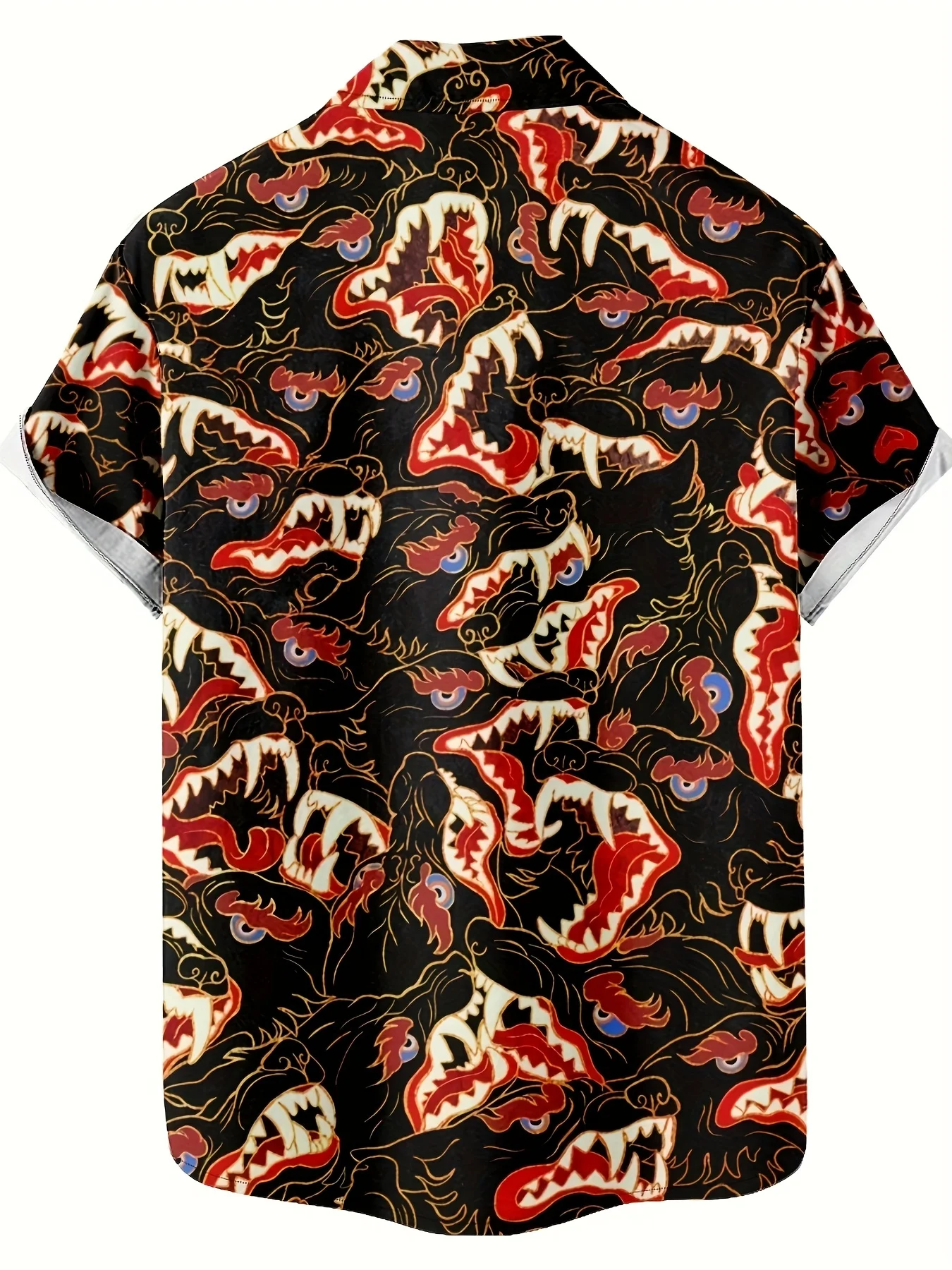 Men Monster Fangs Eye Graphic Print Turn Down Collar Short Sleeve Shirt Black‑Base Street Party Top